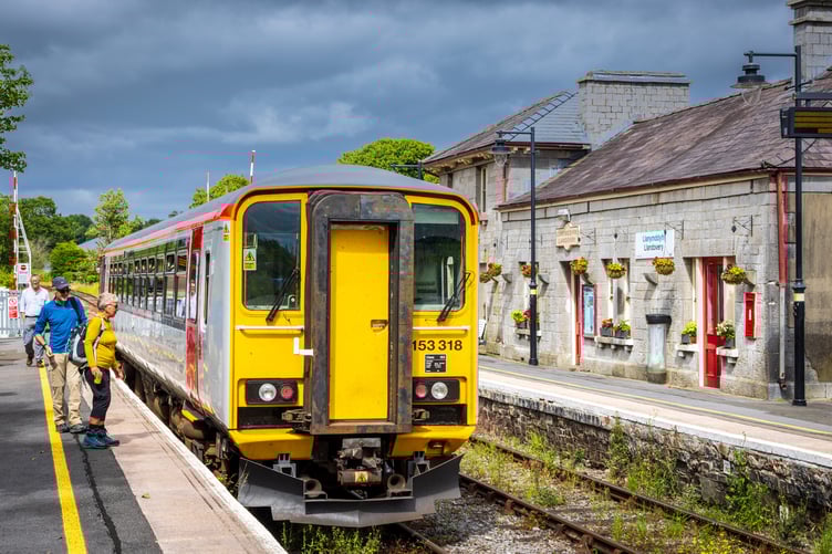 Walkers on the Heart of Wales Line at Llandovery Station
