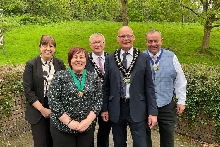 Left to right: Emma Palmer, Chief Executive; Cllr Beverley Baynham, outgoing Chair; Cllr William Powell, Vice Chair; Cllr Jonathan Wilkinson, the new Chair of Powys County Council; and Cllr Geoff Morgan, Assistant Vice Chair