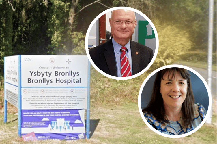 Chairman of Powys Teaching Health Board (PTHB) Dr Carl Cooper and PTHB chief executive, Hayley Thomas. Behind is Bronllys Hospital near Brecon - the headquarters of PTHB