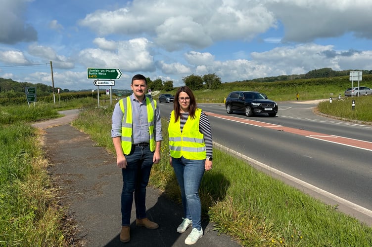 James Evans MS and Fay Jones at the Pontybat junction of A470