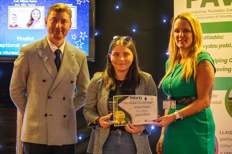 Lowri Bayliss Exceptional Young Person winner with Clair Swales, PAVO CEO, and Jamie Burt, PAVO Chair of Trustees.