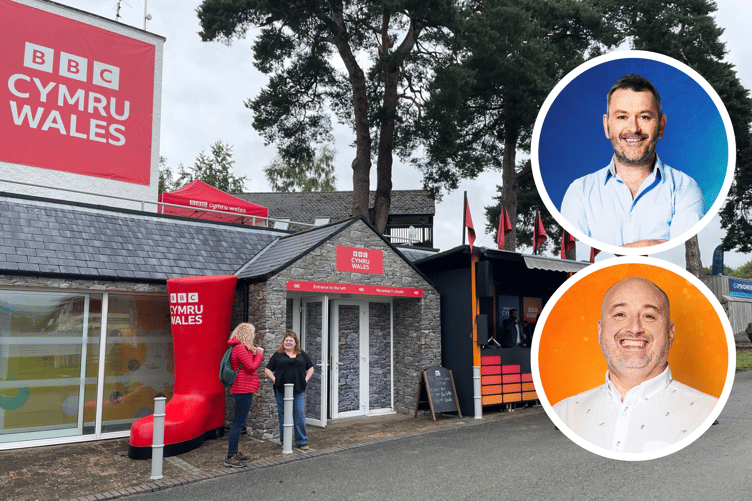 BBC Wales at the Royal Welsh Show last year. Inset are Tudor Owen and Wynne Evans