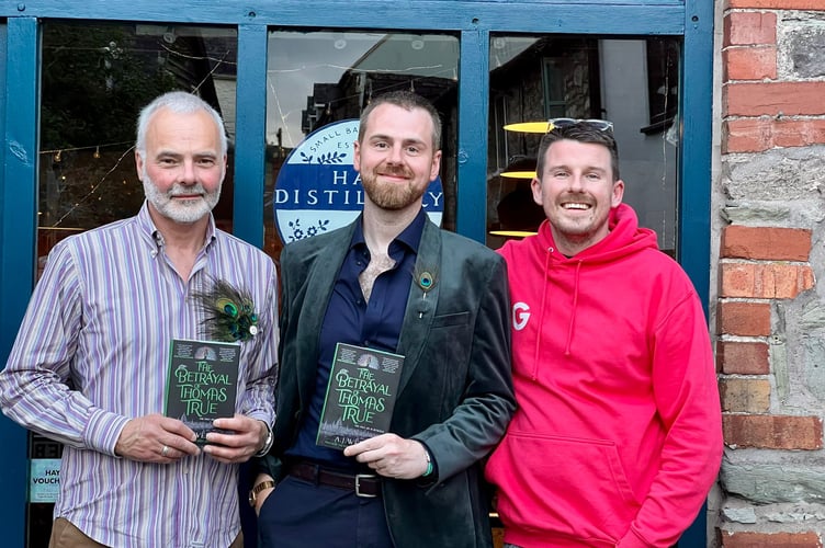 A.J. West (centre), with Dale from Clocktower Books (left) and Tom from Gay-On-Wye (right)