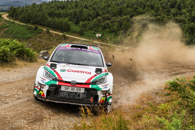 Ex-European Rally Champion Chris Ingram and co-driver Alex Kihurani blast their Toyota Yaris Rally2 through the Monument stage above Cefn Gorwydd to a popular victory