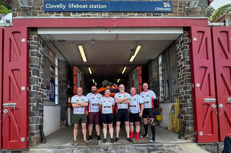 The team pictured at Clovelly Lifeboat Station following the conclusion of the ride