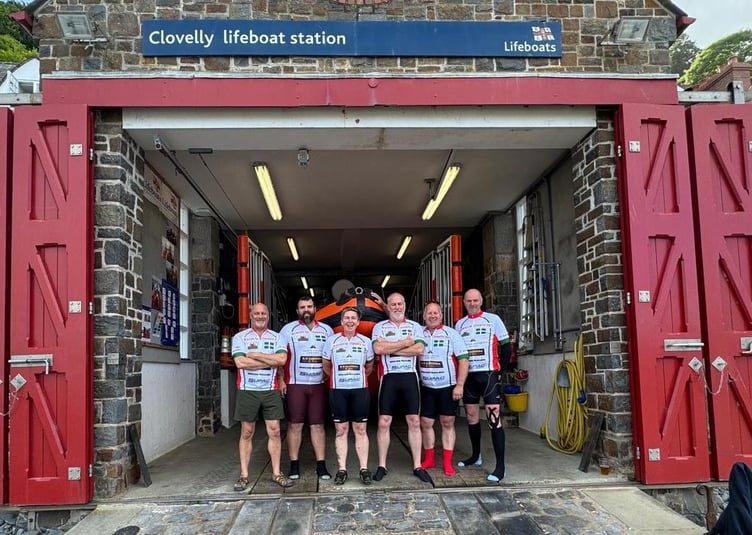 The team pictured at Clovelly Lifeboat Station following the conclusion of the ride