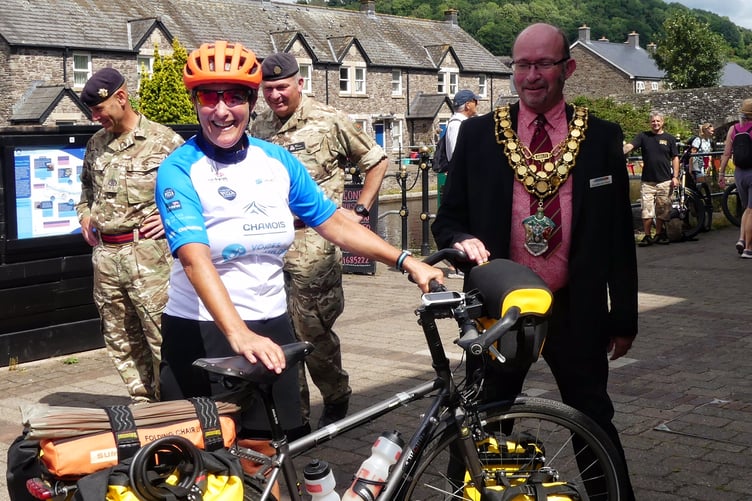 Taniya Morris MBE with Mayor of Brecon, Cllr John Powell at outside Theatr Brycheiniog, Brecon