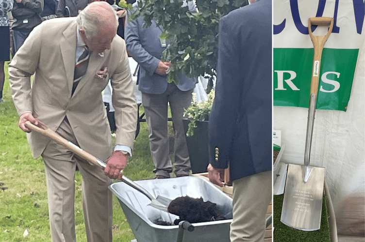 King Charles planting the sapling last year. Right is the engraved spade which was raffled off