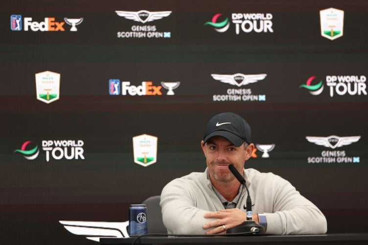 Rory McIlroy with a Radnor can at a press conference at The Genesis Scottish Open back in July