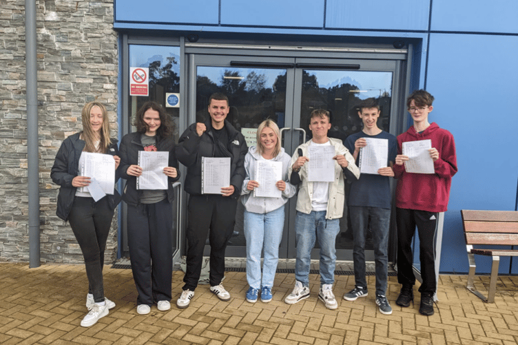 Pupils with results at Brecon High School today