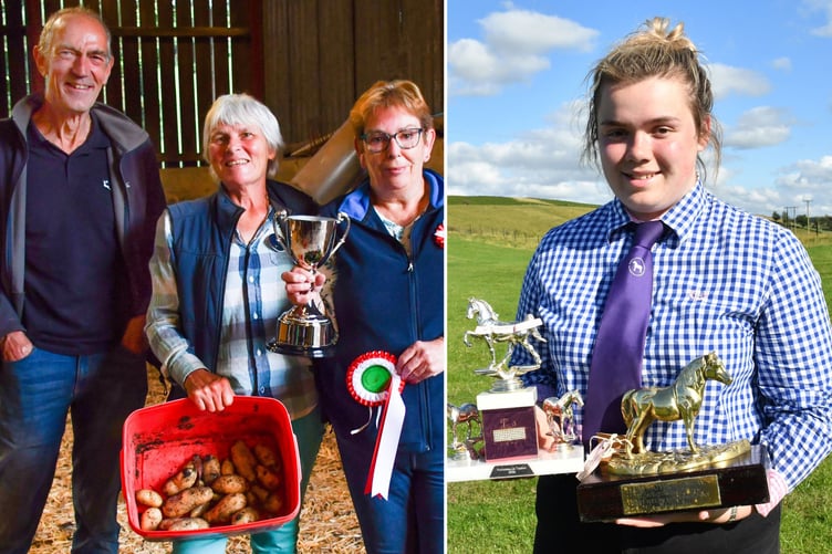 Left are the winners of the 'Spudtacular' competition Andrew and Karen Jenner with Cwm Owen President Carol Smith. Right is trophies winner, Danie Harley, Welsh mountain foal and pony classes