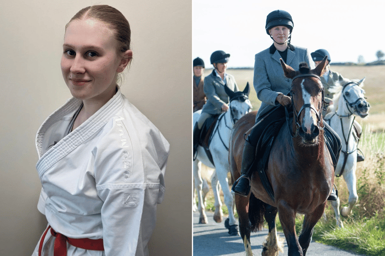 Left is Rosie Jennings at the Welsh Karate Championships and right is Rosie riding with a local Hunt