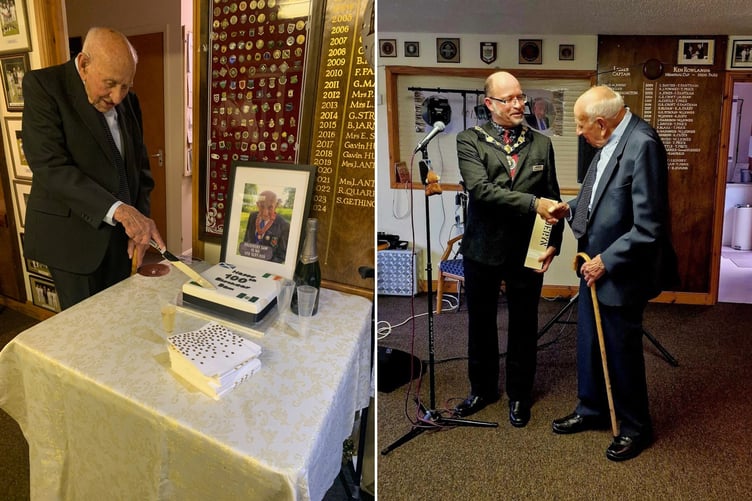 Left is Sam cutting his birthday cake and right shows the centenarian with Mayor Cllr John Powell