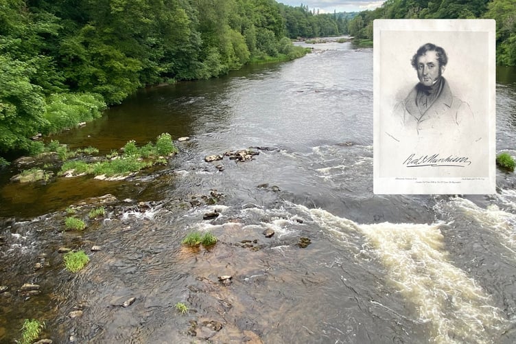 Cavansham Ferry, River Wye, with 'greywacke' bedrock. On 11 July 1831 Murchison ferried across the pool of calmer water, visible upstream, to ‘discover’ the Silurian. Inset is Sir Roderick Impey Murchison