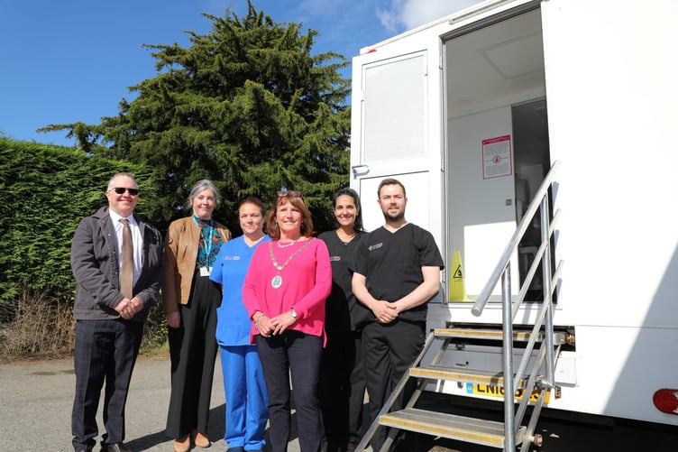 Warren Tolley is pictured with Jacqui Bennett (Area Senior Dental Nurse), Nicola Coulthard (Dental Nurse), Chair of Hay on Wye Town Council, Cllr Fiona Howard, Ana Rafaela Direito Peixoto (Senior Dental Officer) and Lloyd Bovensiepen (Senior Dental Officer)