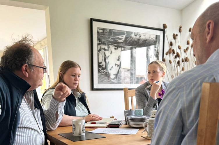 Discussions around the kitchen table following the farm walk with MP Becky Gittins at Moor Farm, Flintshire
