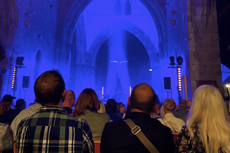 The music was accompanied by impressive lighting at Brecon Cathedral