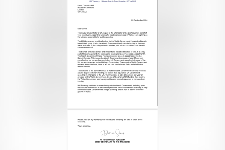 The letter sent to David Chadwick MP