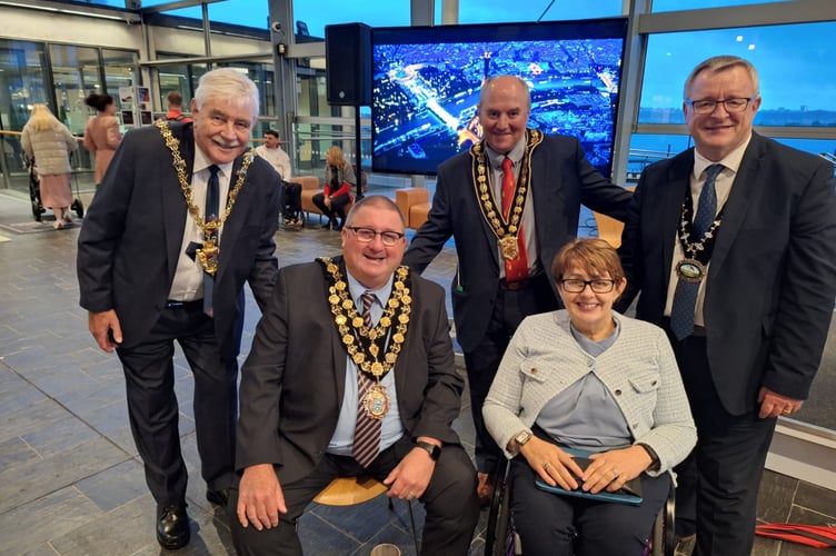 Baroness Tanni-Grey Thompson (front right) took time out from hosting the event to chat with (from left to right) the Lord Mayor of Swansea, Cllr Paxton Hood-Williams; Mayor of Neath Port Talbot, Cllr Matthew Crowley; Chair of Carmarthenshire, Cllr Handel Davies and Cllr William Powell, representing Powys.