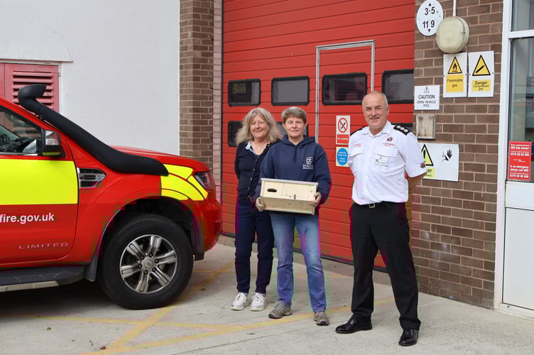 Left to right: Caroline Gellor, Irfon Valleys Swift Group; Pauline Hill, Wildlife trust of South & West Wales (WTSWW); Simon Prince, Station Manager at Builth Wells Fire Station