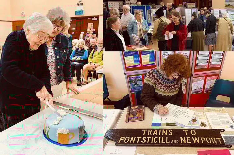 Left is Mair Hamer cutting the cake with her daughter, Sian. Above right is the exhibition in full swing and below shows the Talyllyn Station finger post, which was on special loan from y Gaer and in the care of Jacqui Morgan
