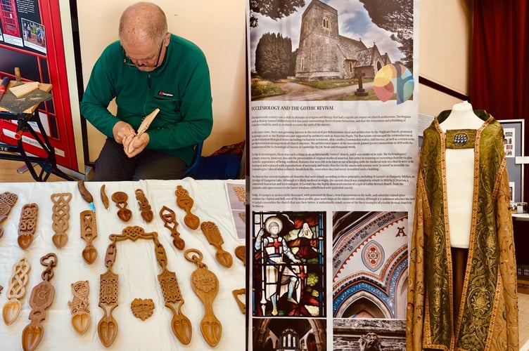 Left is lovespoon carver "Taff" Williams and right is an exhibit entitled "Ecclesiology and the Gothic Revival"