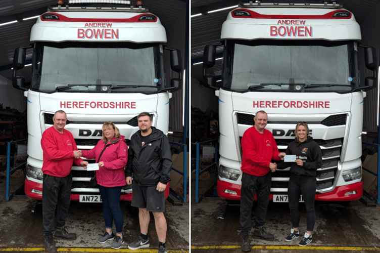 Linda and Adam Hart (Mike’s wife and son) and Jess Morris receiving cheques from Andrew Bowen on behalf of the The Brain Tumour Charity and The DPJ Foundation