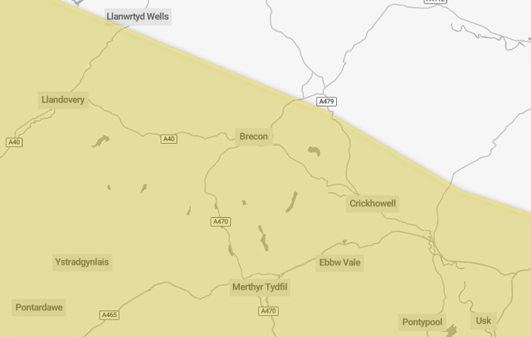The warning covers Brecon, Crickhowell, Llandovery and the entirety of the Swansea Valley