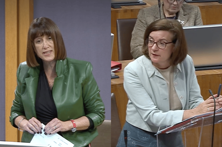 Welsh Lib Dem Leader and Mid & West Wales MS Jane Dodds (left) and First Minister Eluned Morgan in the Senedd earlier today