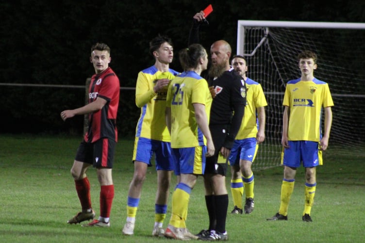 Corries midfielder Luke Roughley receives a second yellow late in the second half