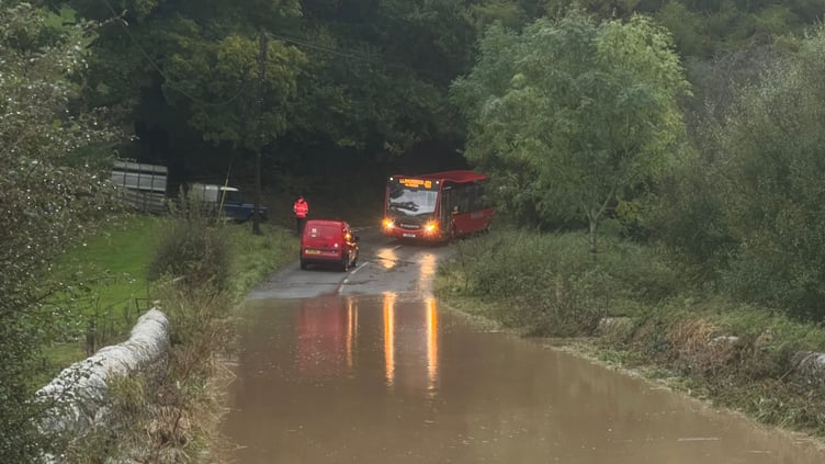 Heavy rainfall has caused floods in parts of Presteigne, halting traffic.