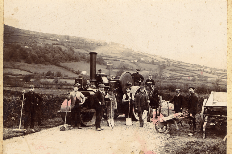 Workmen constructing a road, likely to the east of Bwlch, circa 1900