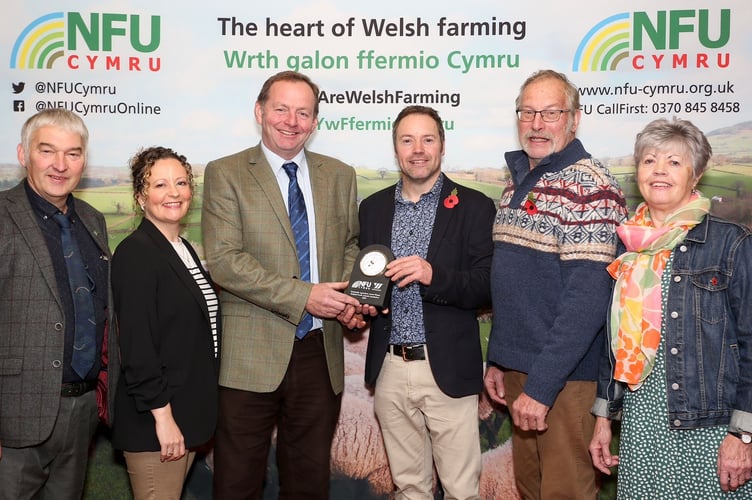 NFU Cymru Rural Affairs Board Chairman Hedd Pug; Claire Morgan; Bryn Hughes, National Sheep & Beef Specialist at Wynnstay; Huw Morgan; Glasnant Morgan and Linda Morgan