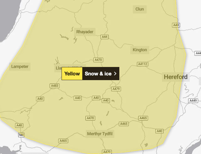 NEW snow warning for Brecon and Radnorshire for today