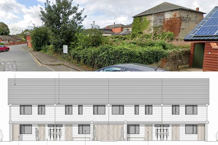 The spot next to Kington's former Wesleyan chapel (from Google Street View) and below, how the planned terrace would have looked (Errand Studio, from application)