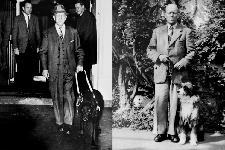 Left is Hector Tidman with black labrador, Flicker on his retirement from the county council. On the right he is pictured with collie guide dog, Sovereign
