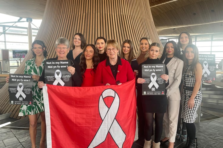 Social Justice Minister Jane Hutt MS, Joyce Watson MS, and Miss Wales finalists at the Senedd