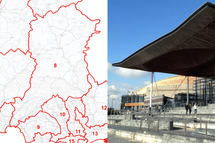 On the left: The proposed 'De Powys Tawe Nedd' constituency (number 8) under the revised Senedd boundaries. On the right: The Senedd building in Cardiff Bay, where the changes will take effect in 2026