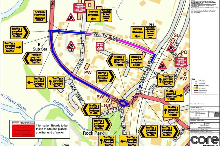 Map showing the temporary road closure on Dyffryn Road, Llandrindod Wells