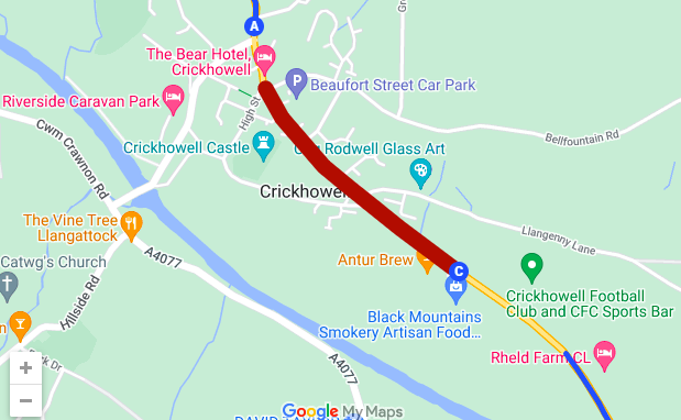 A map of the closed portion of the A40 from Traffic Wales