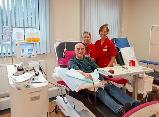 Chris (Gus) Jones, from Rhayader, donates blood for the 500th time at the Welsh Blood Service Centre in Pontyclun