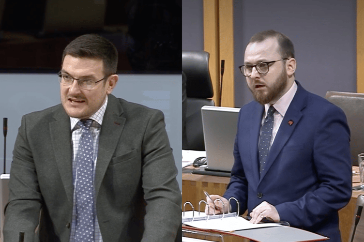 James Evans MS (left) calls for better sports access for armed forces personnel and veterans as Social Services Minister Jack Sargeant MS (right) responds in the Senedd