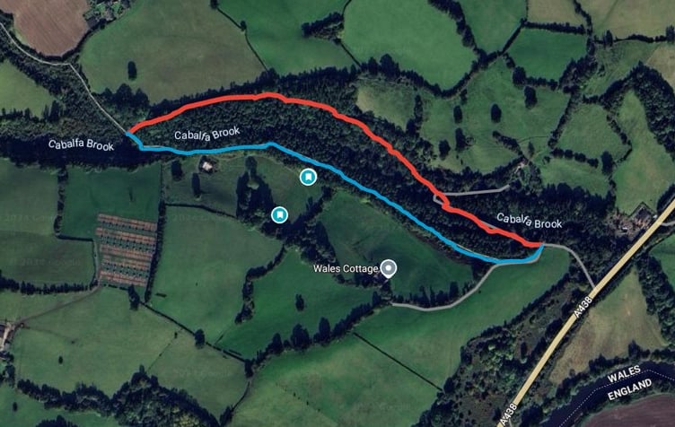 Offa’s Dyke Path near Cabalfa Brook, which will be closed for forestry works from next month. The blue line is the closed route and the red line shows the diversion