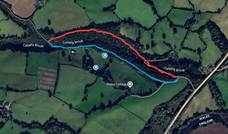 Offa’s Dyke Path near Cabalfa Brook, which will be closed for forestry works from next month. The blue line is the closed route and the red line shows the diversion