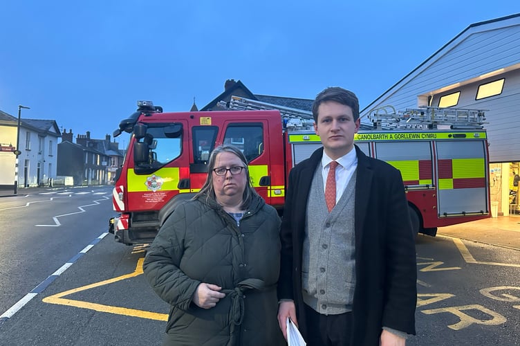 Councillor Claire Hall and David Chadwick outside Crickhowell Fire Station