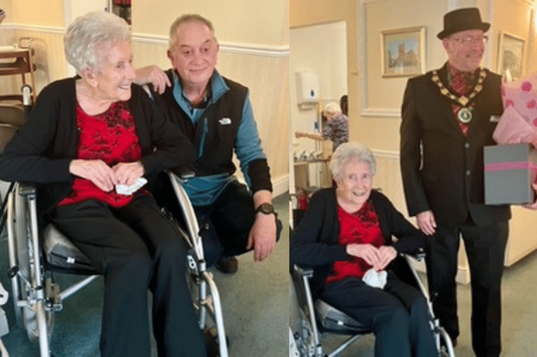 Vera with her son, John (left image) and Mayor of Brecon, Cllr John Powell