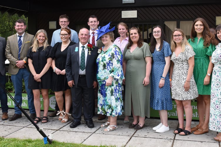 The 2024 Rural Leadership cohort at their presentation during the Royal Welsh Show with RWAS president for 2024, Denley Jenkins and his wife, Beryl