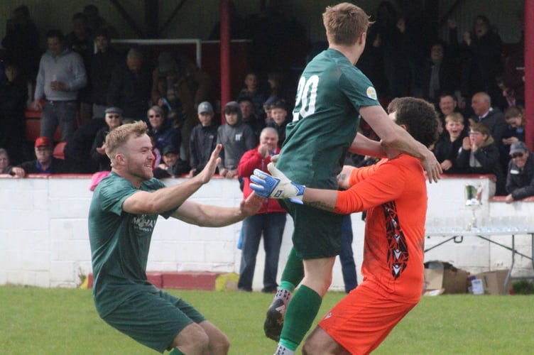 Celebrations after Radnor Valley beat Builth Wells on penalties to win the Aspidistra Radnorshire Cup