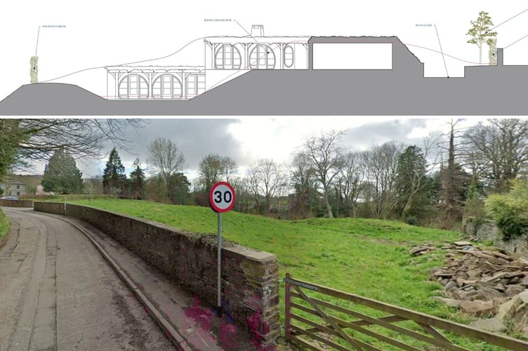 An elevation of the proposed house (CO2 Architects, from application) and the Cusop site (from Google Street View)