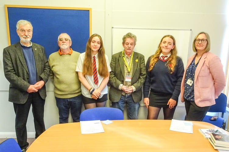 Left to right: Rotarian Arthur Harries and Ciaran O’Connell, Isabelle Crowden, Rotarian and author John Dingley, Annabelle Ealey-Fitzgerald and Head of English, Anwen Nicholls